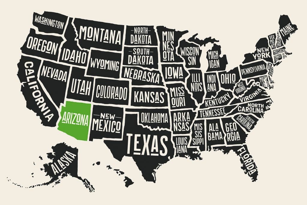 A stylized map of the United States with state names displayed within their boundaries. Arizona is highlighted in green, signifying a focus on dispensary licensing and cannabis regulations in that state, while other states are shaded in black.