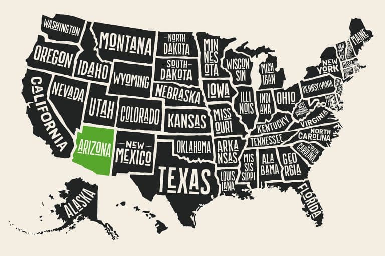 A stylized map of the United States with state names displayed within their boundaries. Arizona is highlighted in green, signifying a focus on dispensary licensing and cannabis regulations in that state, while other states are shaded in black.