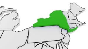 A 3D map highlighting the state of New York in green, representing the state where dispensary licensing and regulations apply. Surrounding states are shown in gray for context.