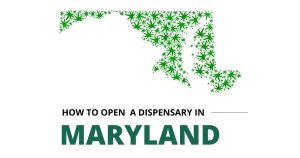 "How to Open a Dispensary in Maryland" text with a map of Maryland filled with cannabis leaf patterns