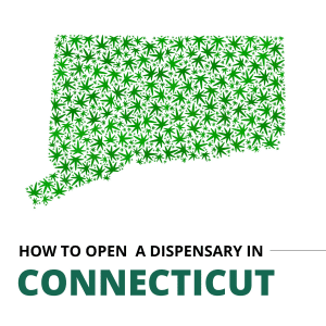 How to Open a Dispensary in Connecticut" text with a map of Connecticut filled with cannabis leaf patterns
