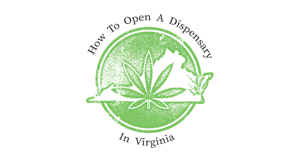 Vintage-style green circular logo with a cannabis leaf and the state of Virginia, surrounded by the text 'How to Open a Dispensary in Virginia.'