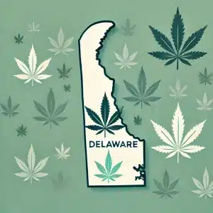 Illustration of the state of Delaware with cannabis leaves.