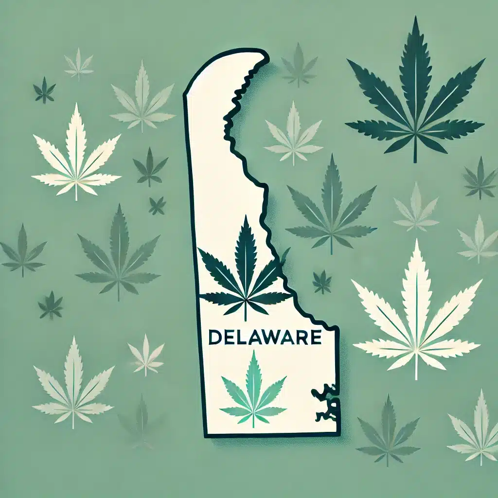 Illustration of the state of Delaware with cannabis leaves.